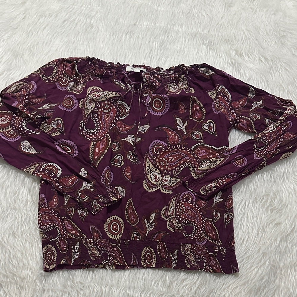 Merona Women's Top - Burgundy and Cream Paisley